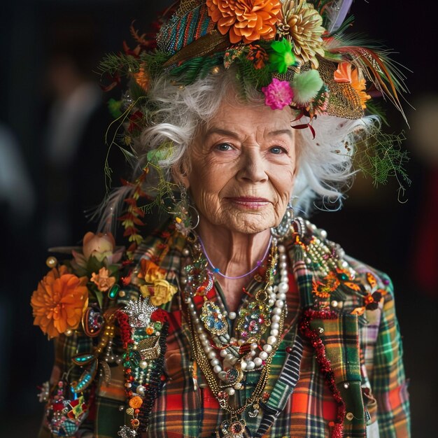 une vieille femme portant un chapeau coloré avec des fleurs dessus