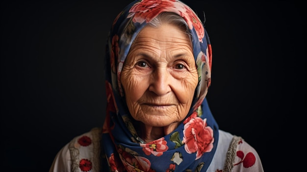 une vieille femme portant un foulard et un foulard