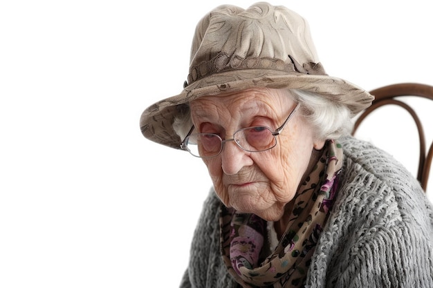 une vieille femme portant des lunettes et un chapeau