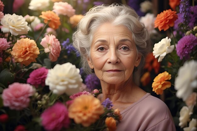 vieille femme posant avec une belle fleur