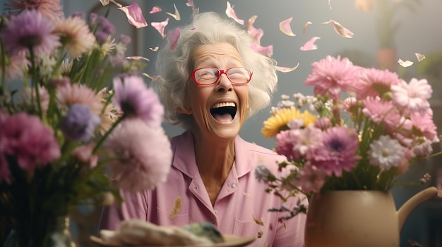 Photo une vieille femme qui rit hystériquement.