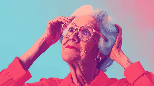Une vieille femme réfléchie regardant vers le haut avec sa main sur la tête elle porte des lunettes et a une expression préoccupée sur son visage