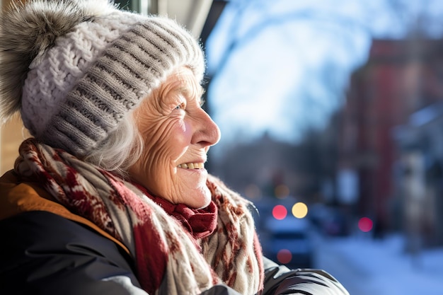 Vieille femme regardant par la fenêtre en hiver AI générée