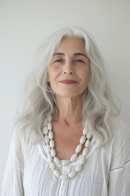 Une vieille femme à la retraite heureuse regarde la caméra sur un fond blanc