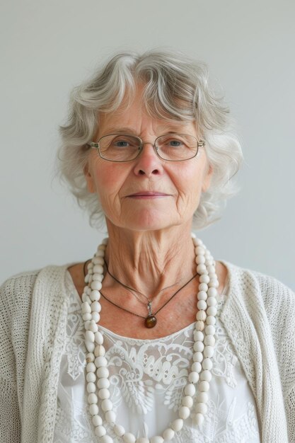 Une vieille femme à la retraite heureuse regarde la caméra sur un fond blanc