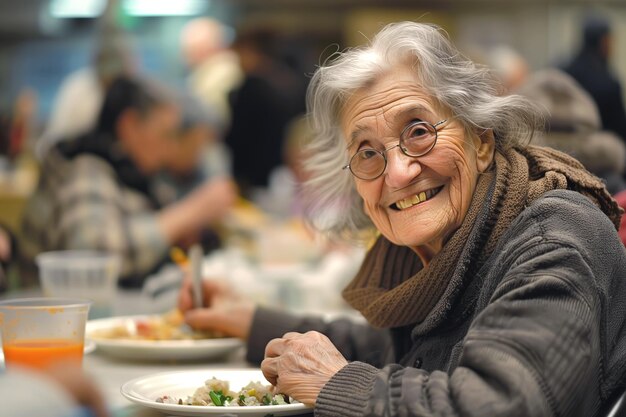 Une vieille femme sans abri heureuse mange un repas gratuit dans la salle à manger.