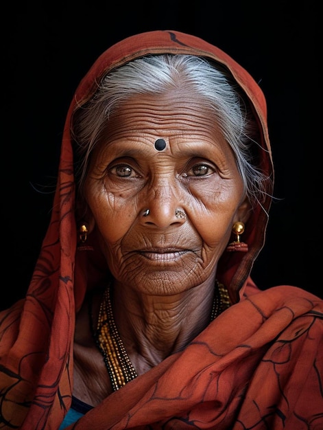 Une vieille femme avec un sari rouge sur la tête