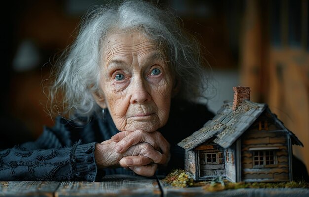 Vieille femme solitaire assise à la table avec une maison de jouets