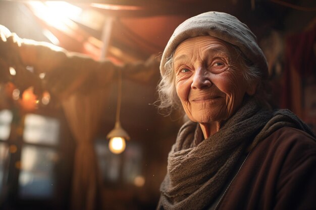 une vieille femme souriant dans le salon à l'arrière-plan style bokeh