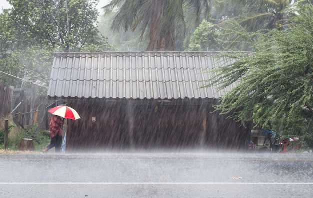Vieille femme tenant un parapluie devant une maison en bois