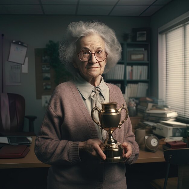 une vieille femme tenant un trophée devant une fenêtre