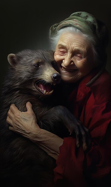 une vieille femme tient un ours et lui embrasse le visage