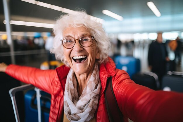 une vieille femme très heureuse au terminal de l'aéroport