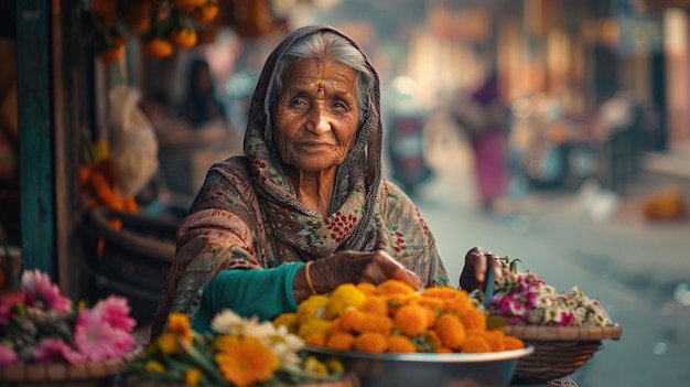 une vieille femme vend des fleurs et des guirlandes sur une table