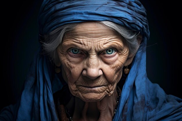 une vieille femme voilée aux yeux bleus défiants