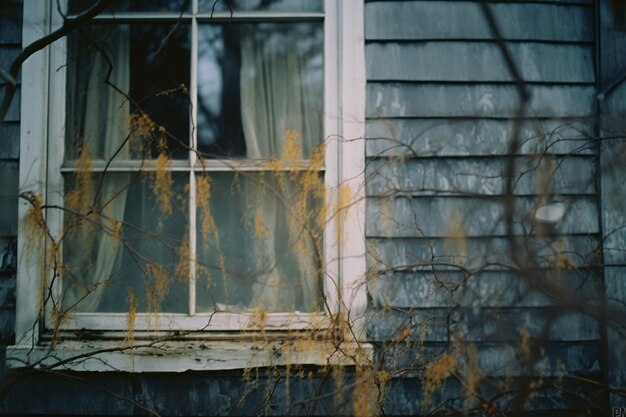 Photo une vieille fenêtre avec des feuilles jaunes sur le côté de la maison