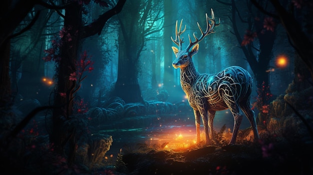 Vieille forêt de cerfs lumière néon image d'illustration fantastique Ai généré de l'art