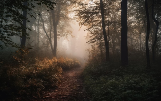 Vieille forêt avec un chemin et dans le brouillard