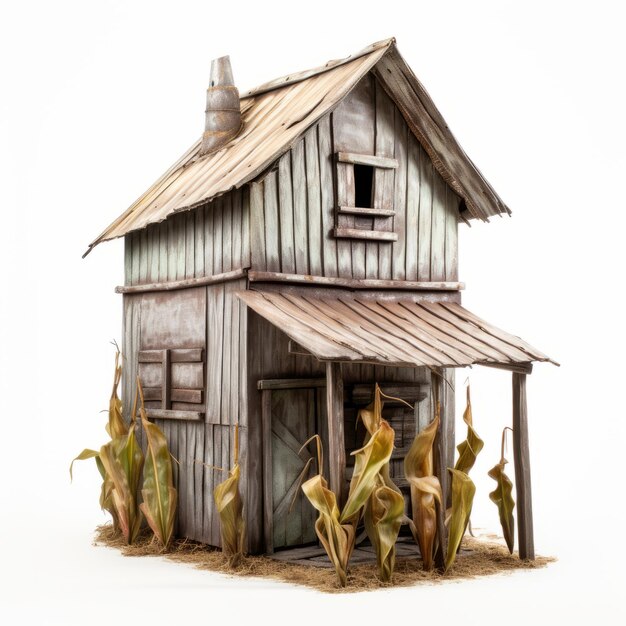 Vieille grange en bois avec du maïs isolé sur fond blanc illustration 3D