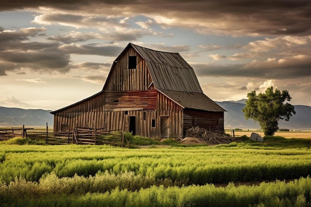 une vieille grange est assise dans un champ de blé.