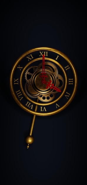 Vieille horloge analogique en or classique avec des chiffres romains sur fond sombre avec des détails 3D