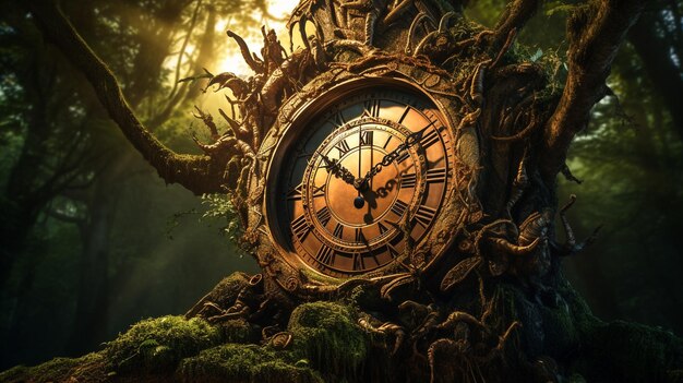 Photo vieille horloge à l'intérieur des arbres dans la forêt