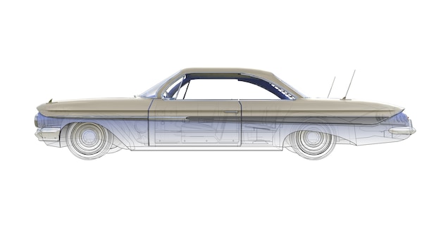 Vieille illustration informatique tridimensionnelle de voiture américaine, combinée avec les contours techniques du modèle. rendu 3D.