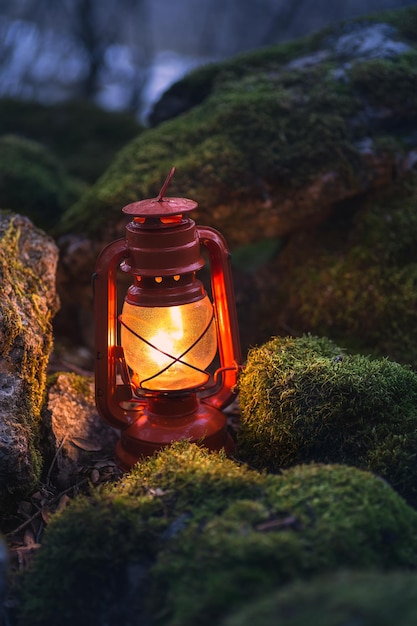 Photo la vieille lampe de camping a illuminé le fond de lampe à kérosène brûlant de forêt sombre