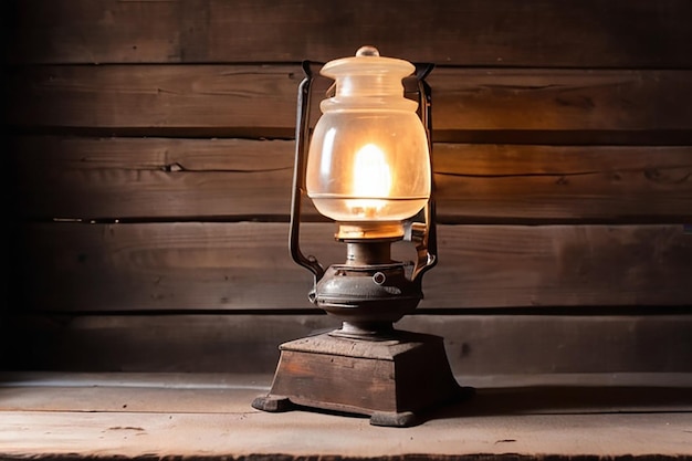 Photo une vieille lampe à kérosène poussiéreuse appelée chauve-souris dans le coin d'une vieille table en arrière-plan