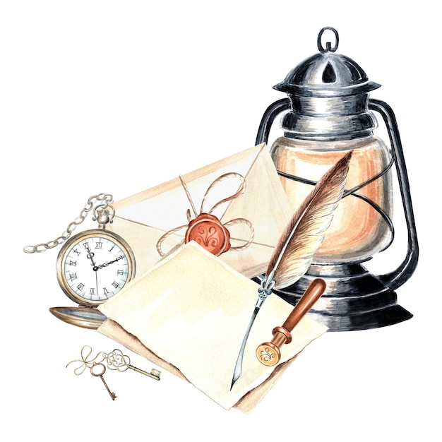Vieille lanterne clé de poche montre et instruments d'écriture modèle composition d'aquarelle
