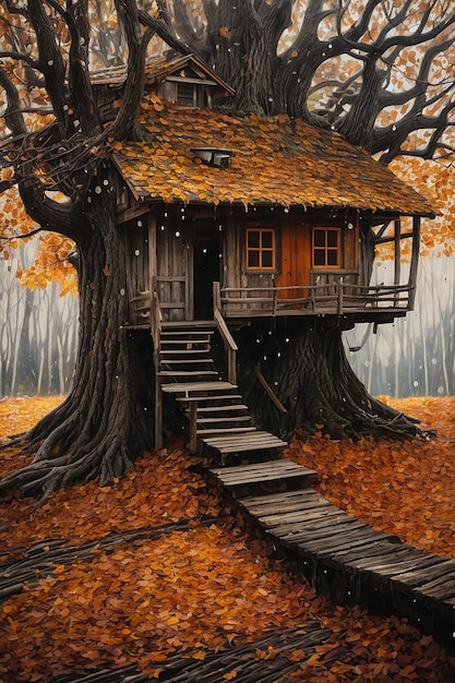 une vieille maison au milieu de la forêt en automne