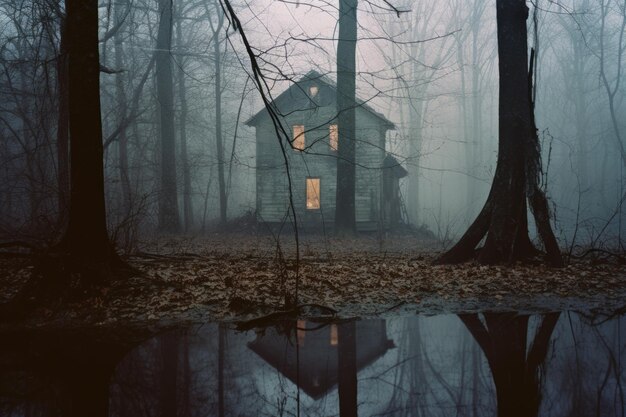 une vieille maison au milieu d'une forêt brumeuse
