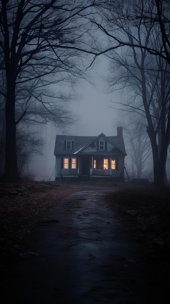 une vieille maison au milieu d'une nuit brumeuse