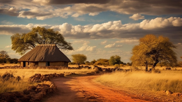 vieille maison au toit de chaume dans un paysage africain