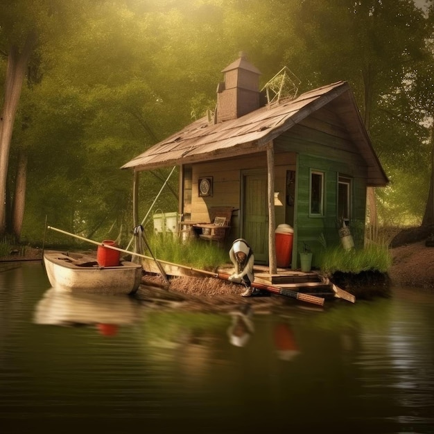 Vieille maison en bois au bord d'un lac dans la forêt