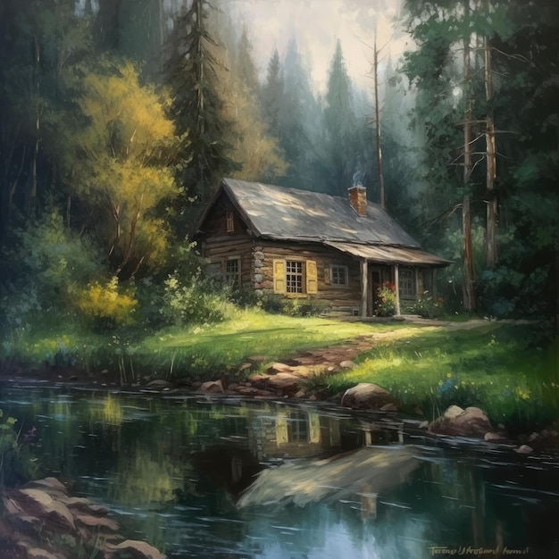Vieille maison en bois au bord d'une rivière de montagne Peinture numérique