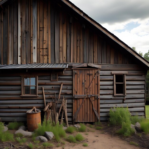 Une vieille maison en bois avec un baril sur le fond d'un ciel nuageux