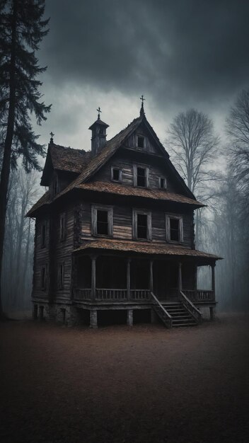 Une vieille maison en bois dans une forêt sombre et brumeuse.