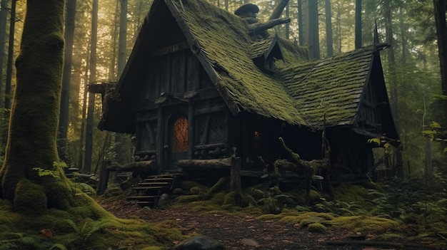 Une vieille maison en bois dans la forêt.