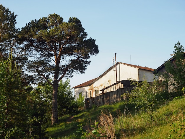 Une vieille maison sur une butte parmi les arbres