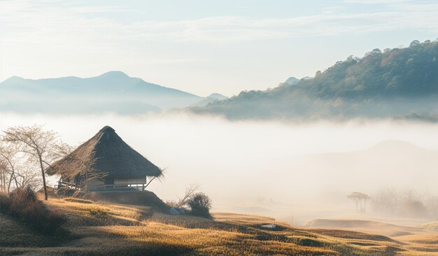 Vieille maison de chalet petite maison de chaume sur une colline dans le style de l'atmosphère brumeuse générative Ai