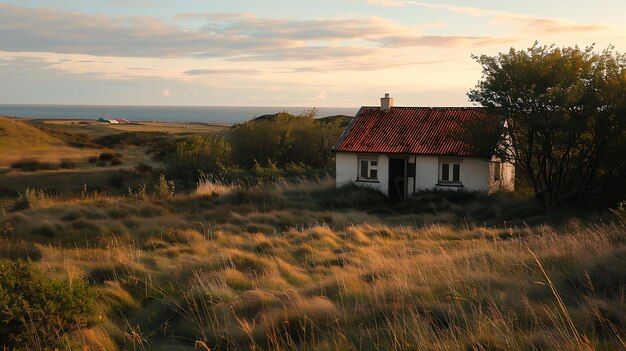 Vieille maison dans les dunes au coucher du soleil dans la lumière du soir