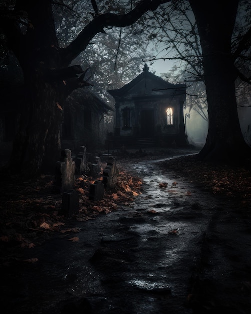 Vieille maison dans une forêt brumeuse la nuit concept d'Halloween