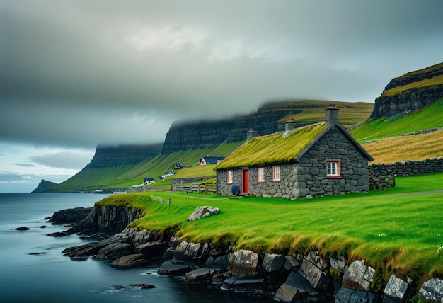 Photo une vieille maison dans les îles féroé capturée dans une prise panoramique à longue exposition