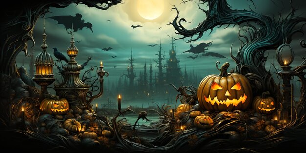 Vieille maison hantée en bois avec des citrouilles dans une forêt sombre et effrayante Concept d'Halloween de pleine lune