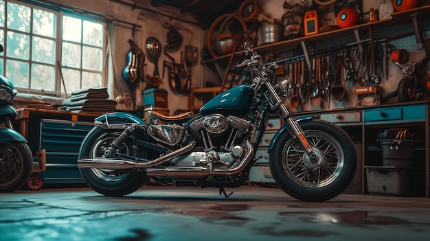 Photo une vieille moto bleue garée dans un garage.