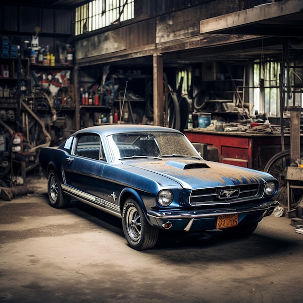 Une vieille Mustang est assise dans un garage.