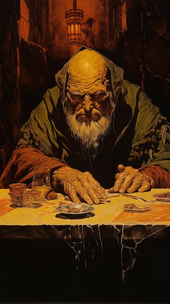 une vieille peinture d'un homme jouant à un jeu avec une assiette de nourriture