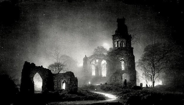 Vieille photo avec cimetière effrayant et ruines d'église abandonnées Illustration 3D de scène sombre mystique