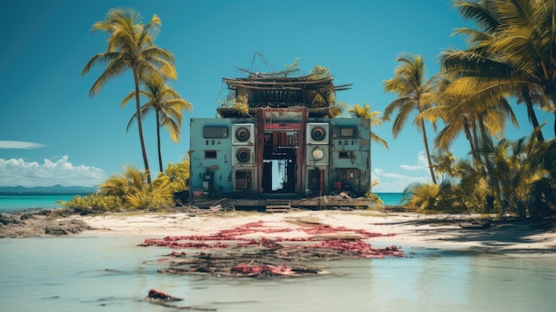 Vieille photo vintage d'une cabane sur l'île avec un style cyberpunk